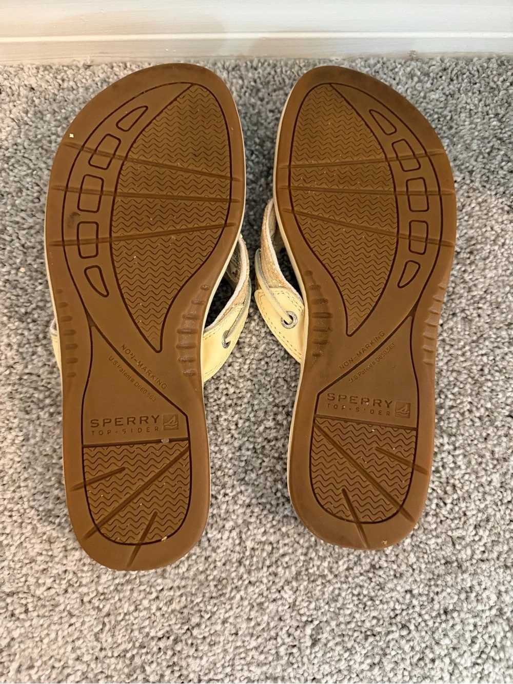 Sperry Light Blue Footbed with Gold Glitter Strap Flip Flops